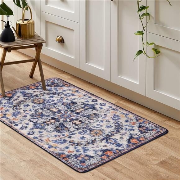 Bohemian Floral Medallion Area Rug - 2x3 Blue Small Kitchen Rug - Picture 3 of 7